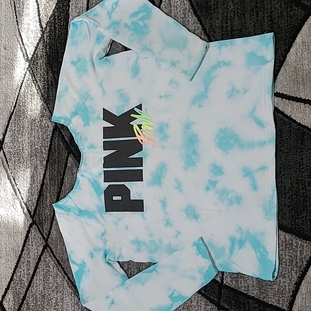 VS PINK 2016 TIE-DYE OMBRE RAINBOW LOGO BOAT-NECK CAMPUS-FIT  SWEATSHIRT